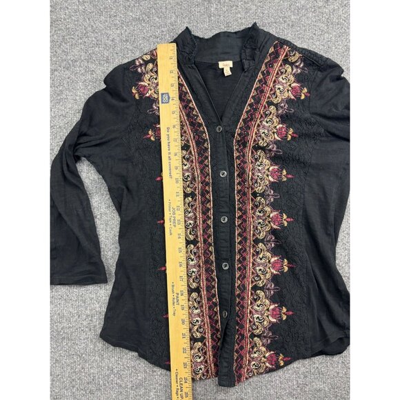 Reba Blouse Women's Small Black Multi Lace Trim Button Up 3/4 Roll Tab Sleeve - Picture 4 of 8